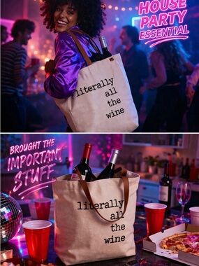 Canvas Tote Bag - "literally all the wine" - Brown Strap